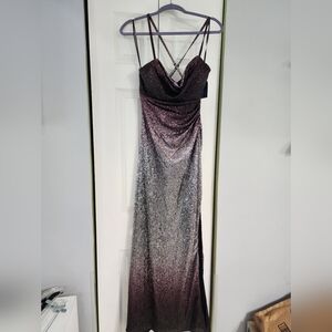 Glitter Cowl Neck Maxi Dress with Strappy Back - Black/Silver Size 10 Formal